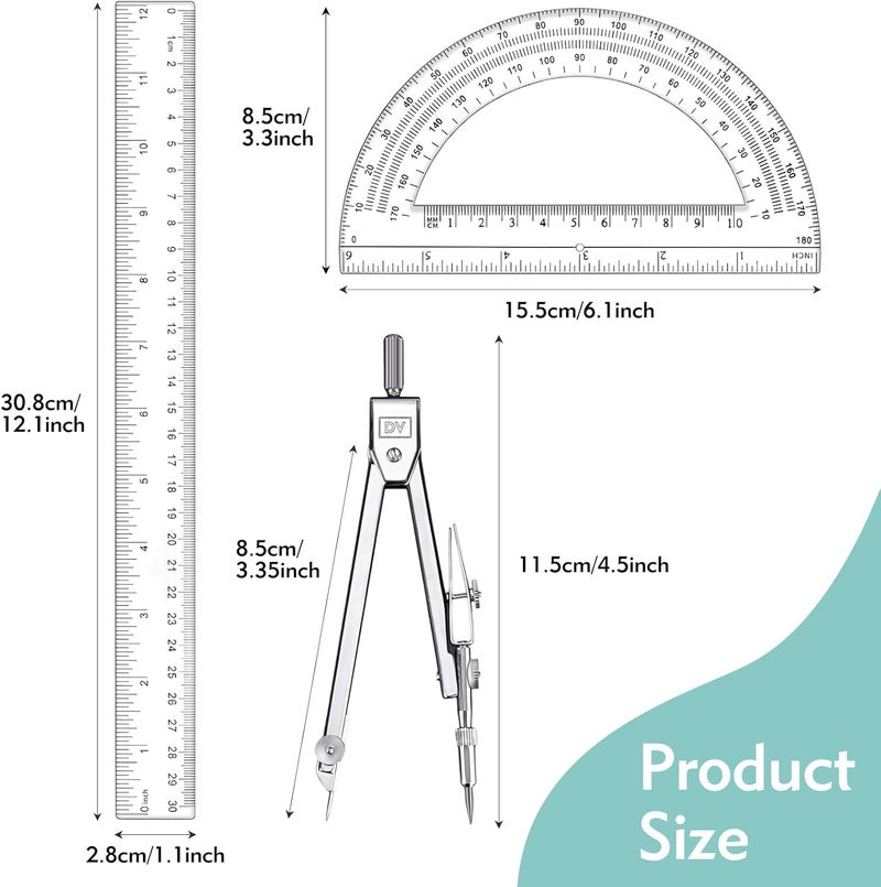 CNTVO 3 Pcs Plastic 12 Inch Ruler, Clear Protractor and Compasses Set for Student Geometry, Durable Transparent Drawing Measuring Rulers for School Office - Image 2